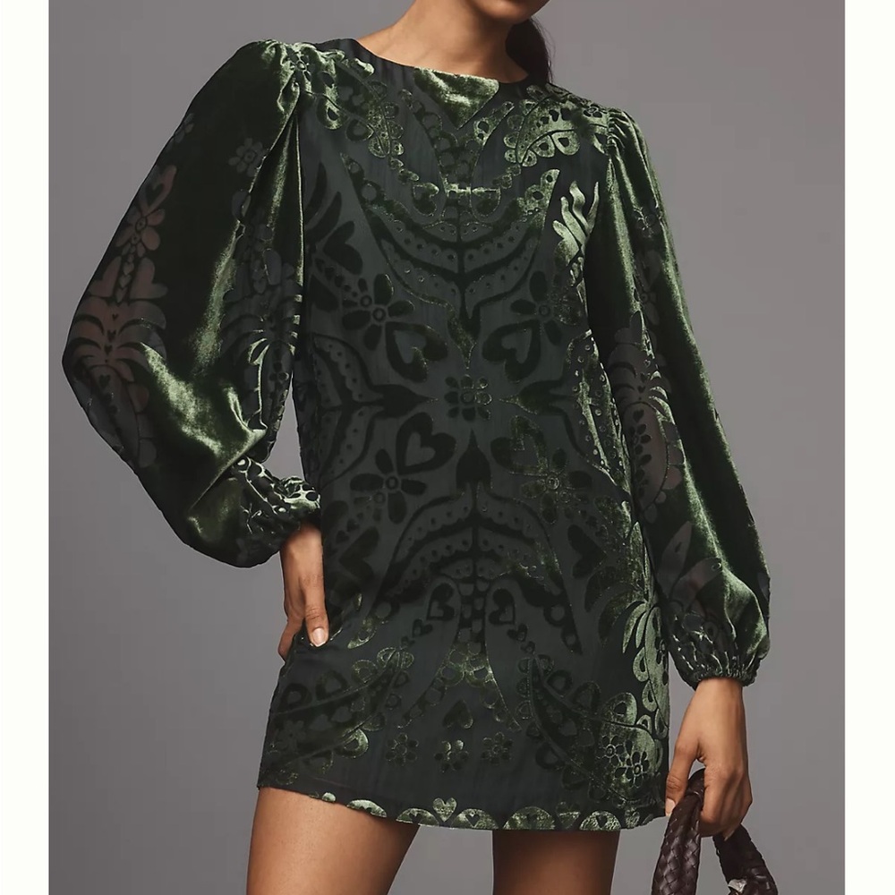 FARM RIO green long sleeved velvet mini dress, size M